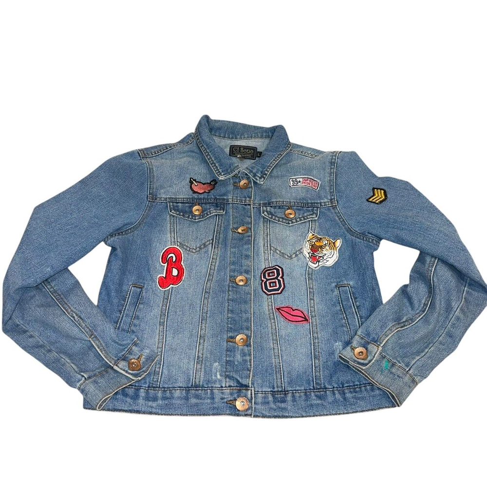 Ci Sono Girls Jean Jacket Size Large Distressed‎ Denim Patches 90s Y2K EUC